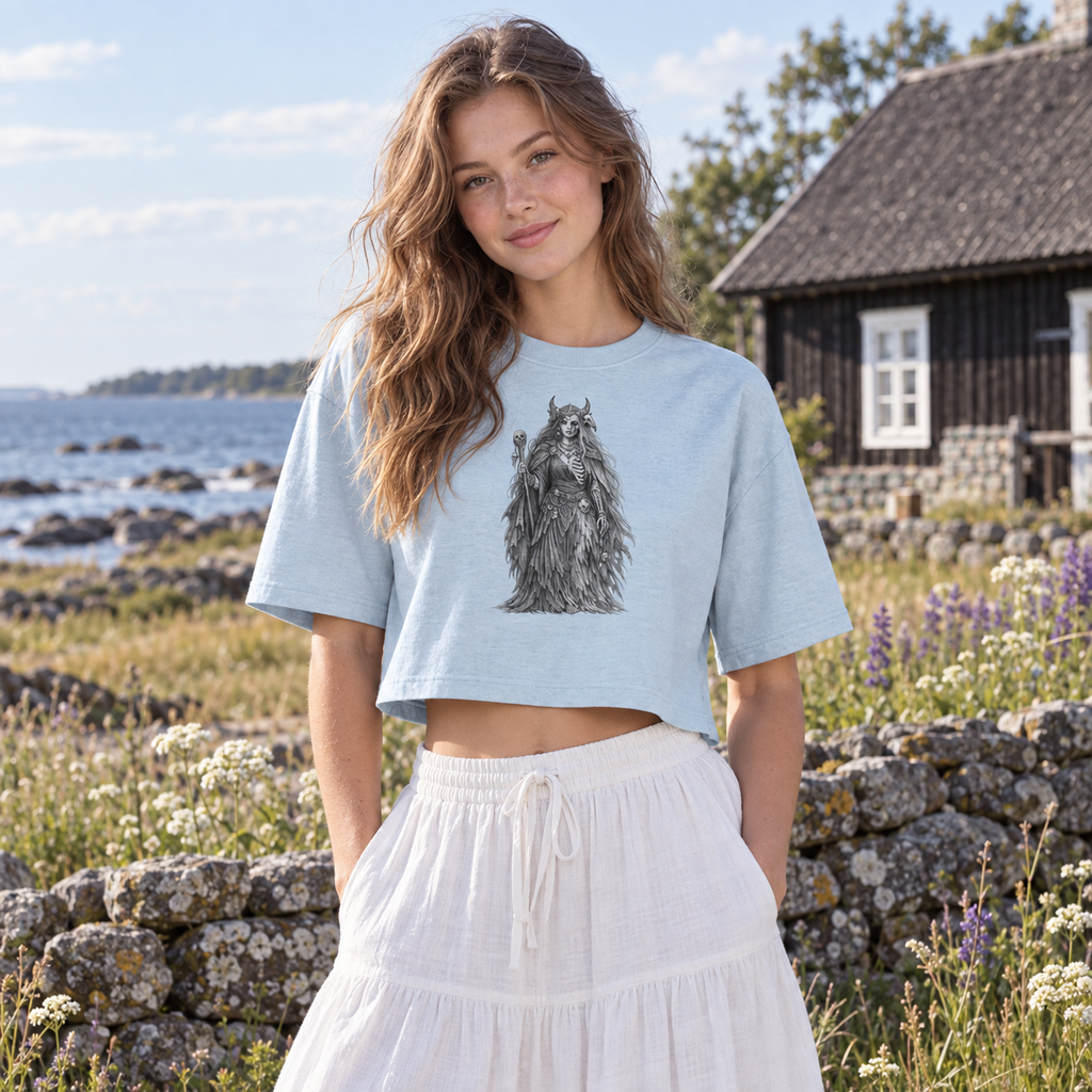 Hel Mythology Shirt, Cropped 100% Cotton Tee with Monochrome Graphic