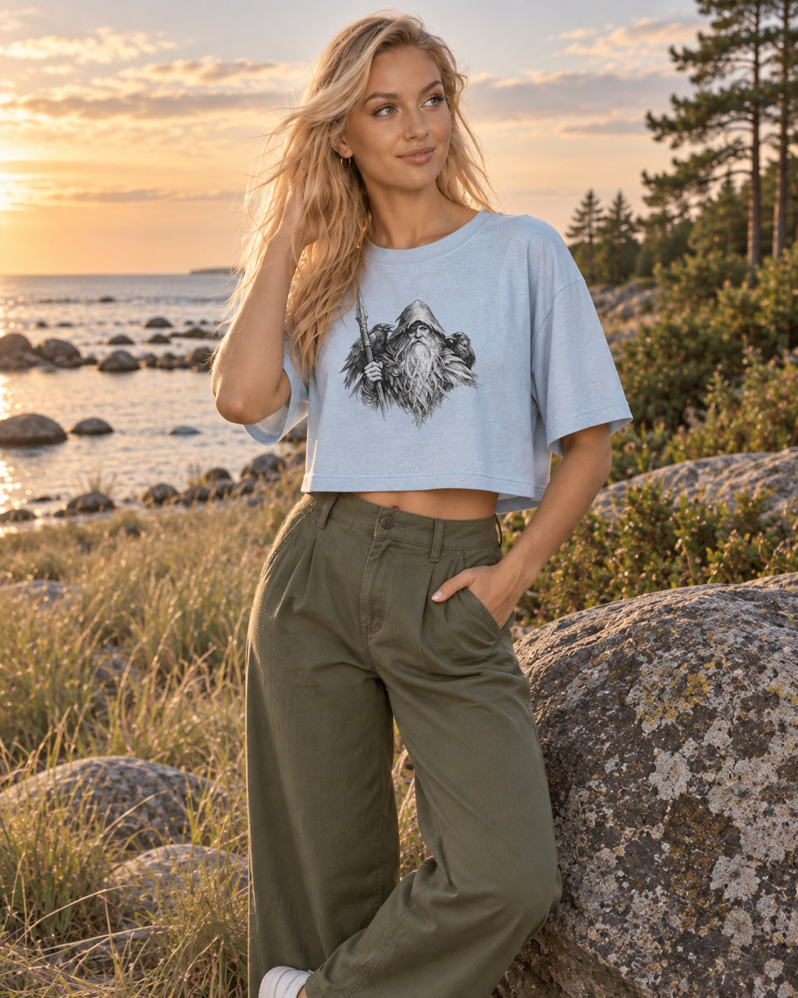 Women Cropped Tee, 100% Cotton Garment-Dyed Odin Graphic Shirt