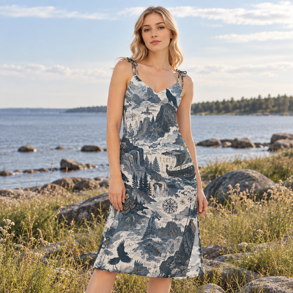 Norse Midi Dress, Heavy Polyester Chiffon Viking Print | Adjustable Tie Straps