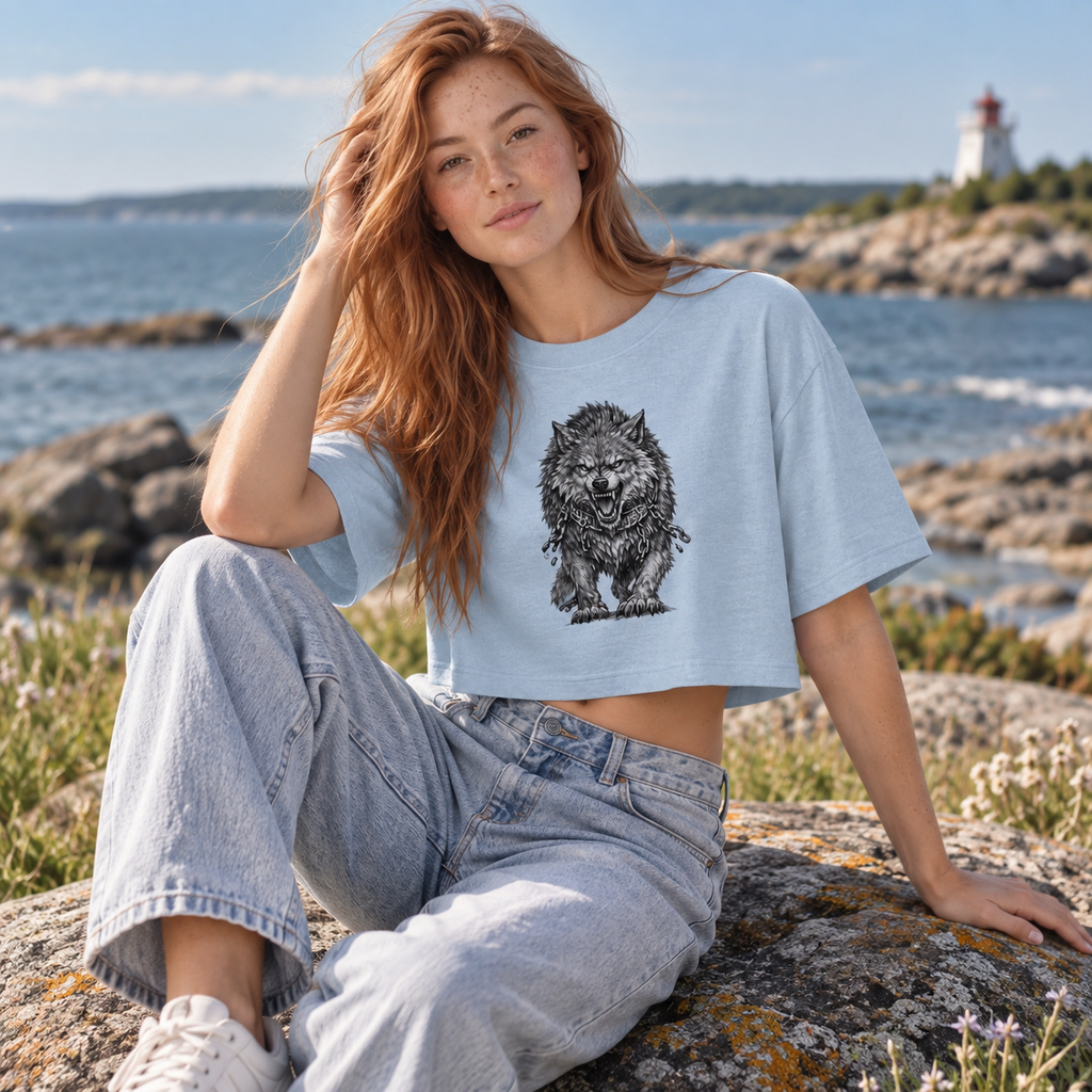 Fenrir Cropped Tee, 100% Cotton Garment-Dyed Wolf Graphic Shirt
