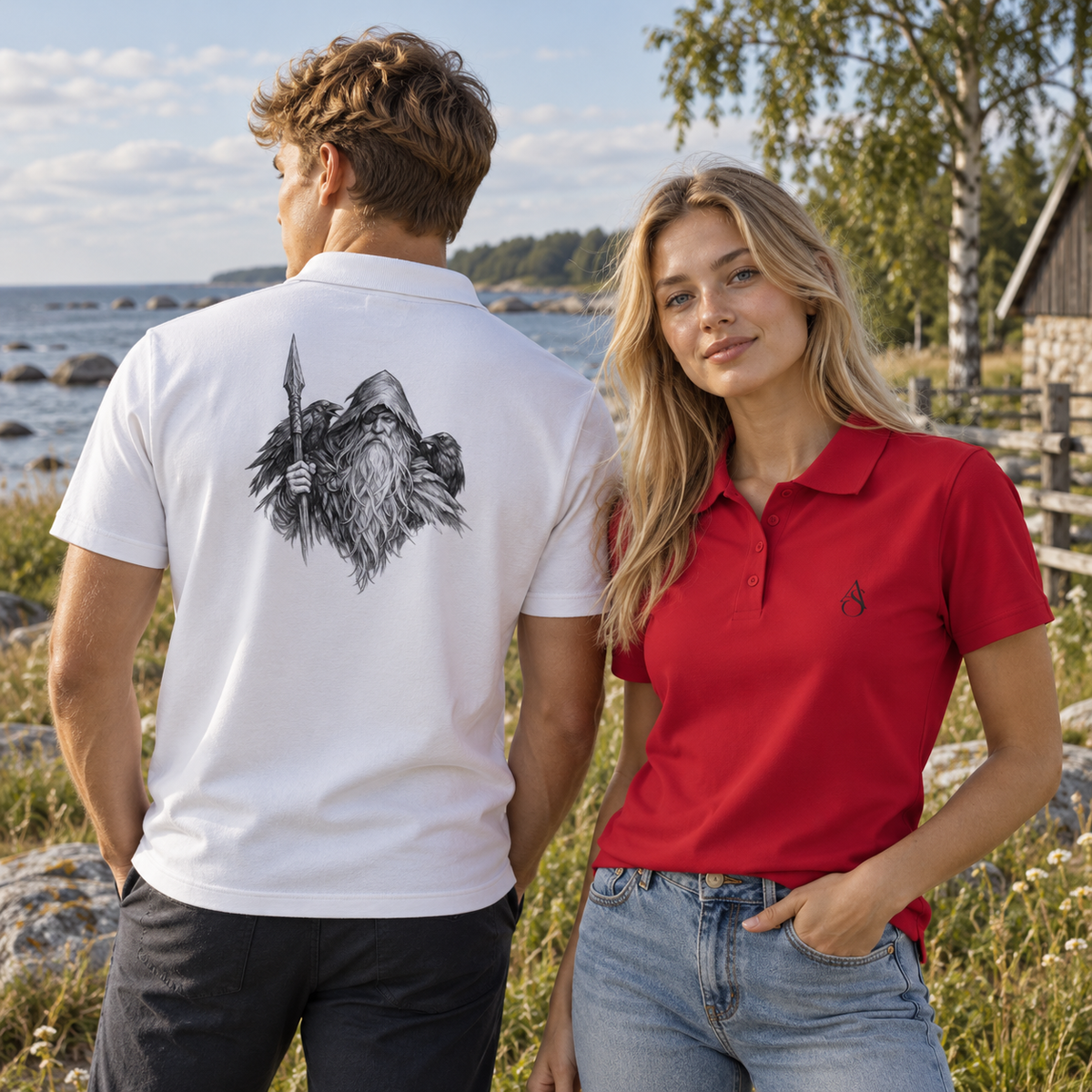 Odin Polo Shirt, 100% Cotton Monochrome Norse Mythology Artwork