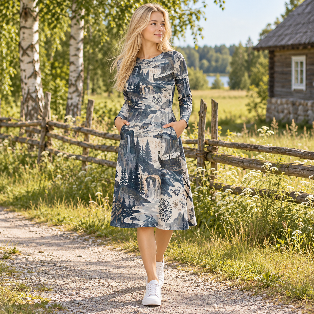 Norse Midi Dress, Long Sleeve Jersey Printed with Pockets