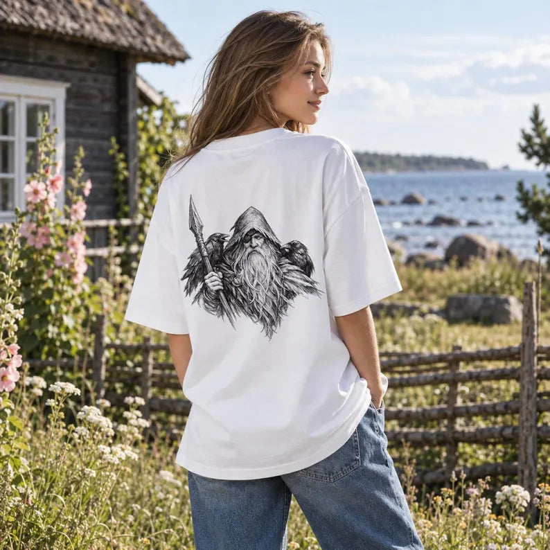 Oversized Viking Shirt, Odin Norse Mythology Art, Organic Streetwear, Nordic Graphic Tee