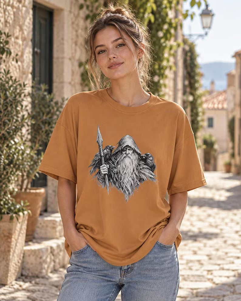 Oversized Viking Shirt, Odin Norse Mythology Tee, Nordic Streetwear, Pagan God Graphic